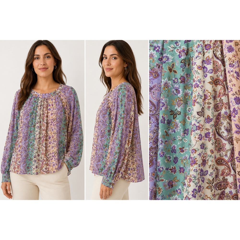 LOFT Blouse Paisley Patchwork Multicolor Purple Women XL‎ Boho Romantic Peasant